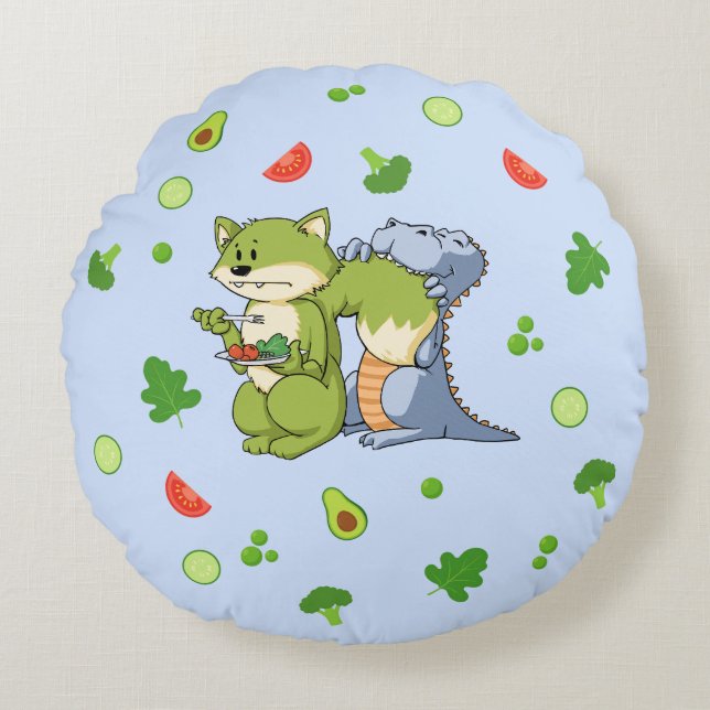 Blue Animals and Vegetables Kids Round Pillow (Front)