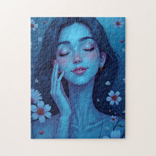 Blue Anime Meditation Floral Woman  Jigsaw Puzzle
