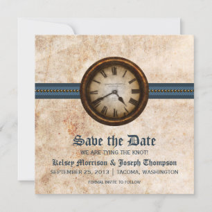 Blue Antique Clock Save the Date Announcement
