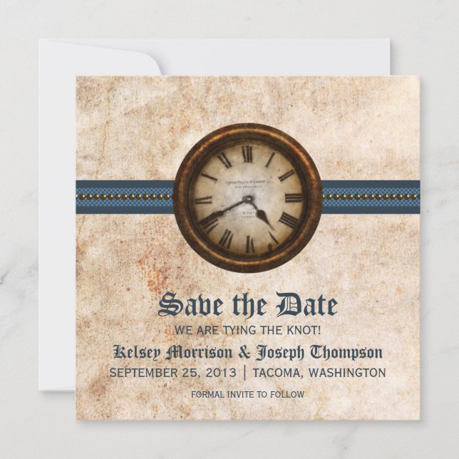 Blue Antique Clock Save the Date Announcement (Front)