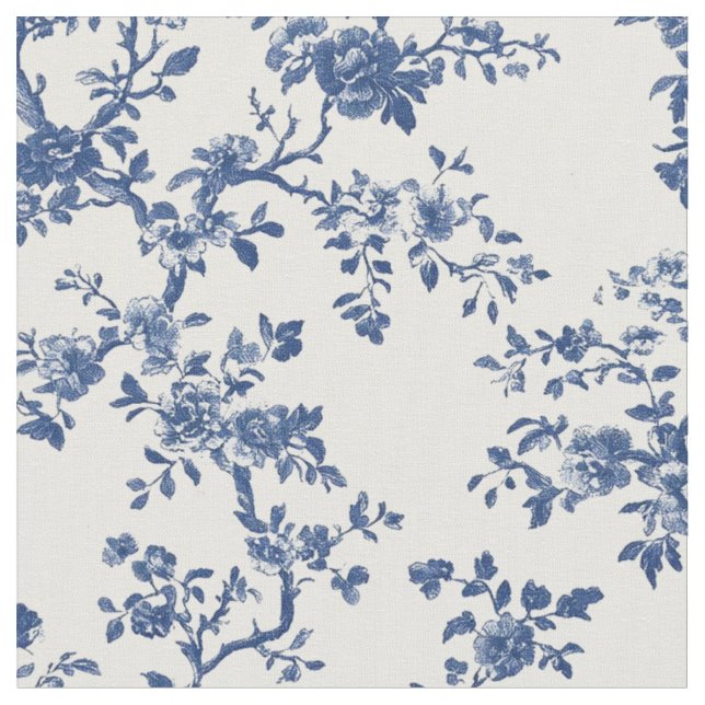 Blue Antique Floral Toile Pattern Fabric (Close Up)