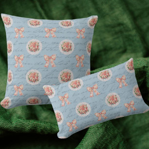 Blue Antique Lettering Toile Bows Pink Roses Cushion