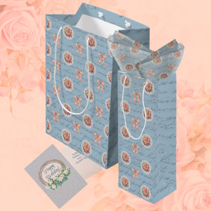 Blue Antique Lettering Toile Bows Pink Roses Medium Gift Bag