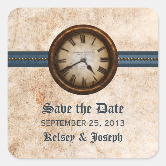 Blue Antique Save the Date Stickers (Front)