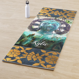 Blue antique tropical buddha photo custom name yoga mat