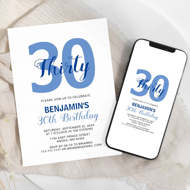 Blue Any Age Monogram Birthday Invitation (Creator Uploaded)