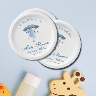 Blue April Showers Bring May Flower Baby Shower Paper Plate