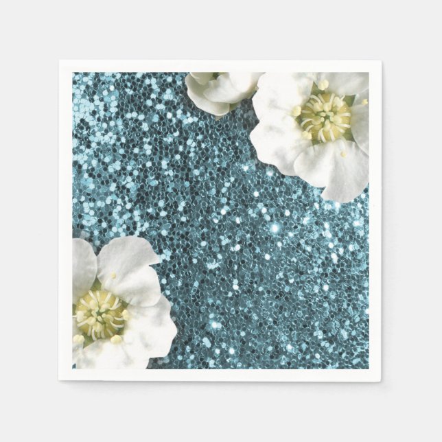 Blue Aqua Beach Blue Jasmine Glitter Sequin Napkin (Front)