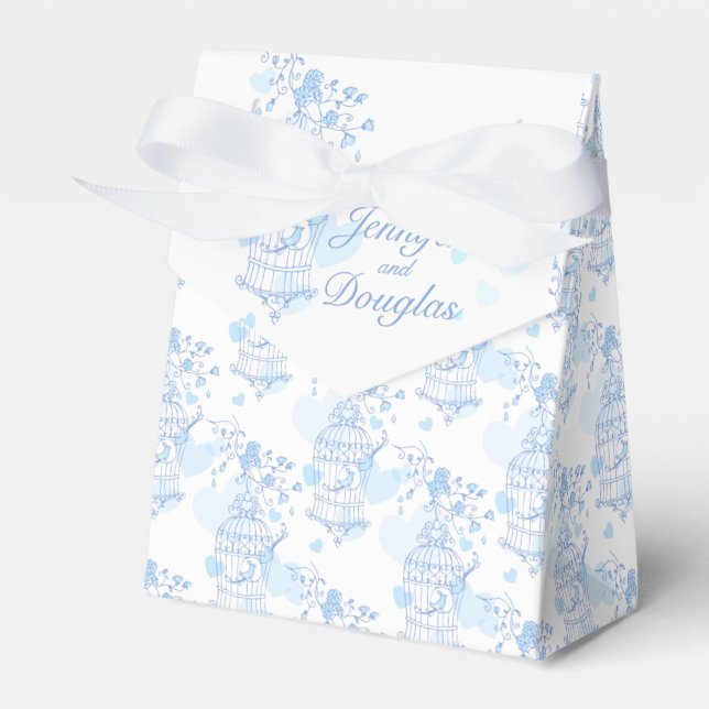 Blue aqua bird named wedding favour tent box (Front Side)