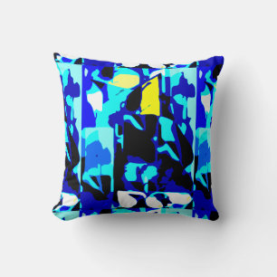 Blue Aqua Black Yellow Contemporary Art Print Cushion