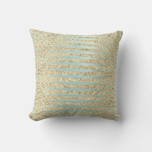 Blue Aqua Blue Foxier  Gold Glitter Stripes Cushion