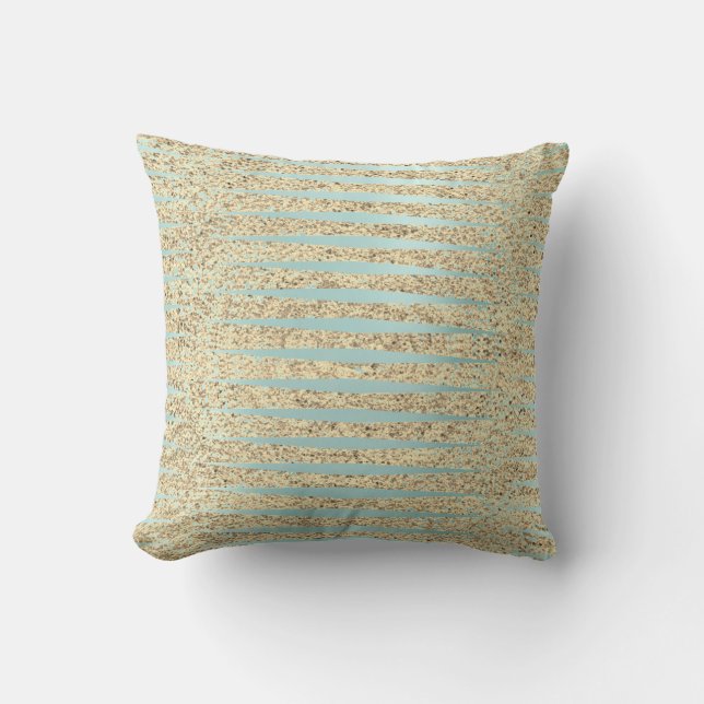 Blue Aqua Blue Foxier  Gold Glitter Stripes Cushion (Front)