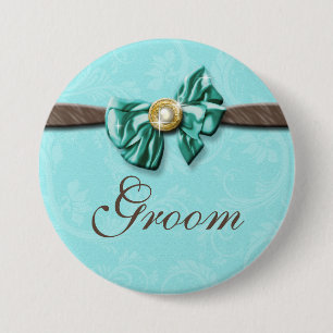 Blue aqua brown gem bow floral 7.5 cm round badge