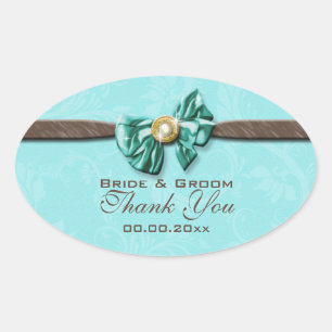 Blue aqua brown gem bow floral oval sticker