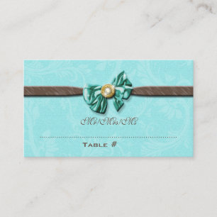 Blue aqua brown gem bow floral place card