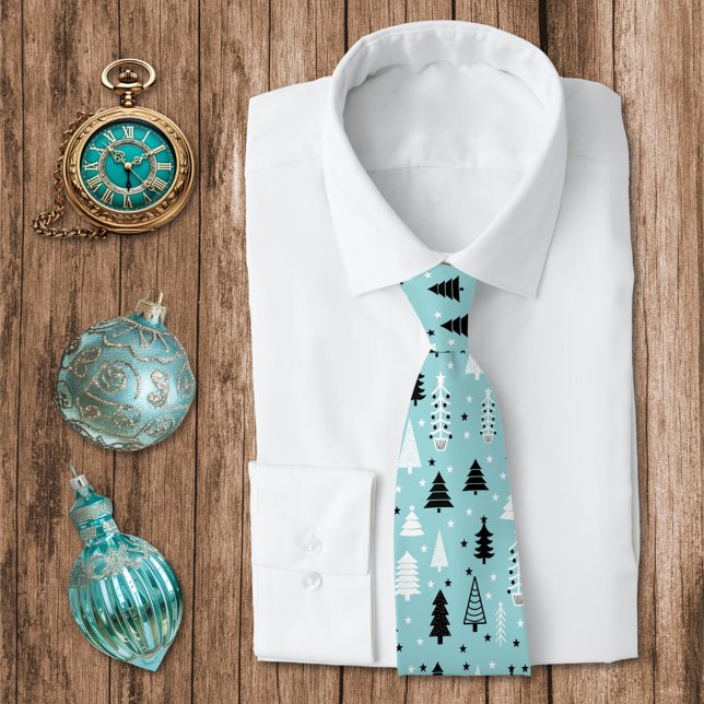 Blue Aqua Christmas Tree Forest Pattern Tie (Creator Uploaded)