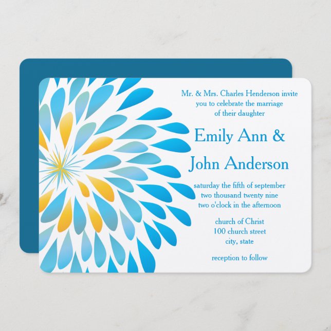 Blue Aqua Floral Chrysanthemum Wedding Invitations (Front/Back)