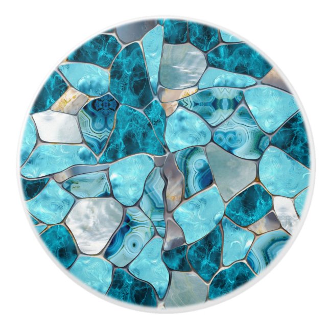 Blue aqua gemstone abstract cells ceramic knob (Front)