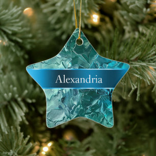 Blue Aqua Glam Glitz Christmas Name Ceramic Ornament