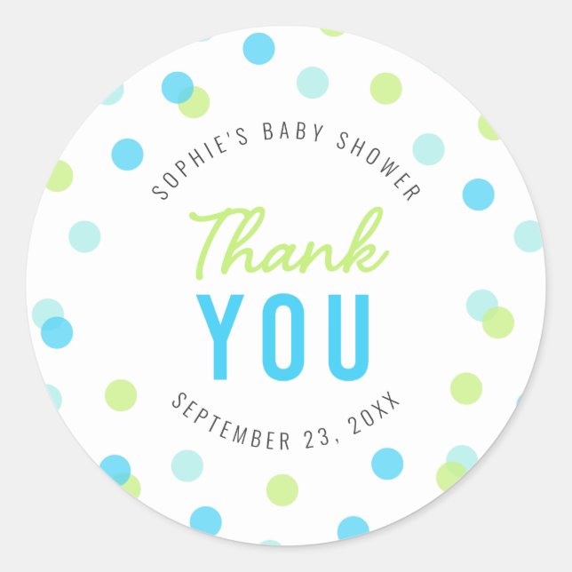 Blue Aqua Green Confetti Baby Shower Thank You Classic Round Sticker (Front)