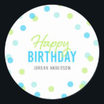 Blue Aqua Green Confetti Happy Birthday Classic Round Sticker<br><div class="desc">Confetti happy birthday sticker featuring confetti in blue, aqua and green that is perfect for any age. Personalise it with your details by replacing the placeholder text. For more options such as to change the font, text size/colour or the spacing between letters click the "Customise" button. *Please note that the...</div>
