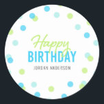 Blue Aqua Green Confetti Happy Birthday Classic Round Sticker<br><div class="desc">Confetti happy birthday sticker featuring confetti in blue, aqua and green that is perfect for any age. Personalise it with your details by replacing the placeholder text. For more options such as to change the font, text size/colour or the spacing between letters click the "Customise" button. *Please note that the...</div>