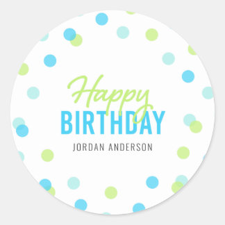 Blue Aqua Green Confetti Happy Birthday Classic Round Sticker