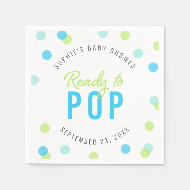 Blue Aqua Green Confetti Ready to Pop Baby Shower Napkin (Front)