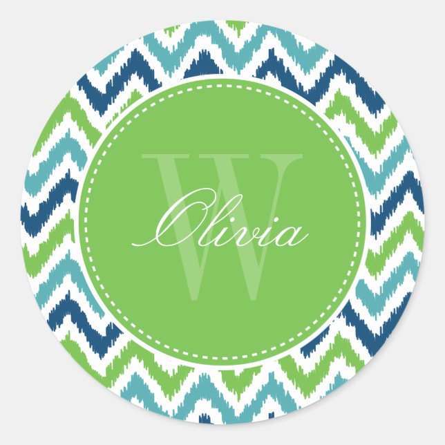 Blue Aqua Green Zigzag Ikat Pattern Monogram Classic Round Sticker (Front)