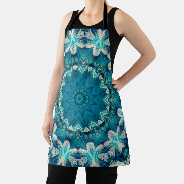 Blue Aqua Mandala Rosette Retro Hippie Apron (Insitu)