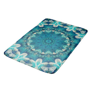 Blue Aqua Mandala Rosette Retro Hippie Bath Mat