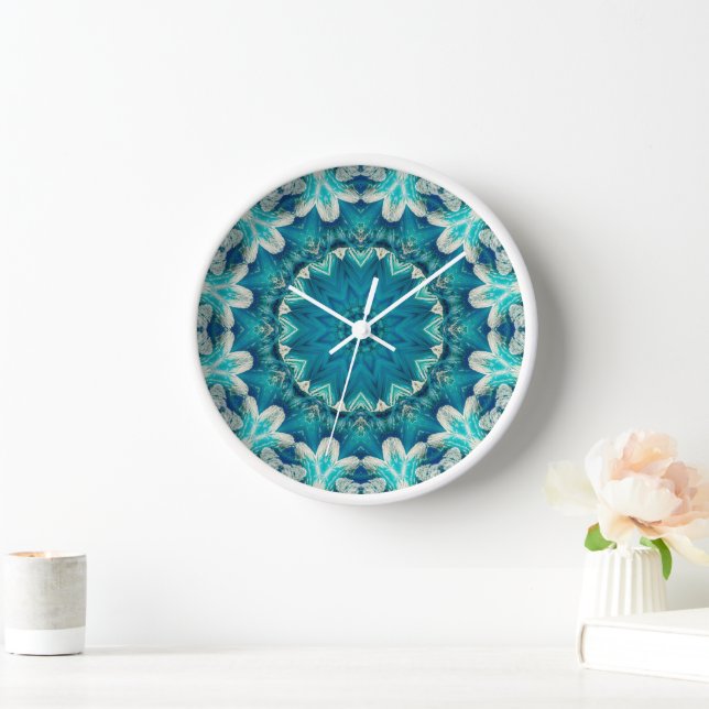 Blue Aqua Mandala Rosette Retro Hippie Clock (Home)