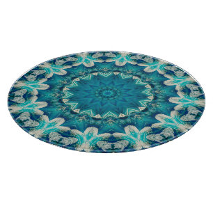 Blue Aqua Mandala Rosette Retro Hippie Cutting Board