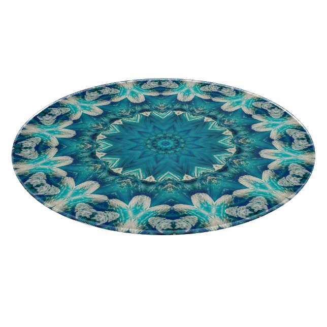 Blue Aqua Mandala Rosette Retro Hippie Cutting Board (Corner)