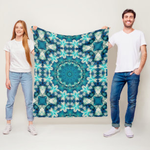 Blue Aqua Mandala Rosette Retro Hippie Fleece Blanket