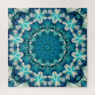 Blue Aqua Mandala Rosette Retro Hippie Jigsaw Puzzle