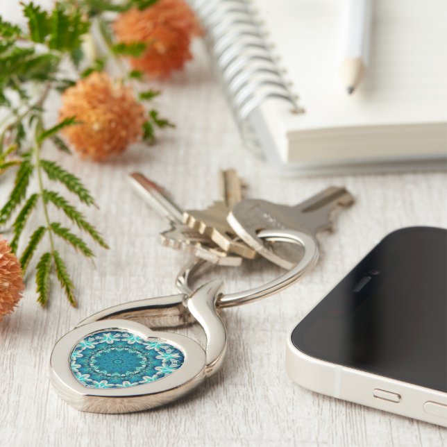 Blue Aqua Mandala Rosette Retro Hippie Key Ring (Side)