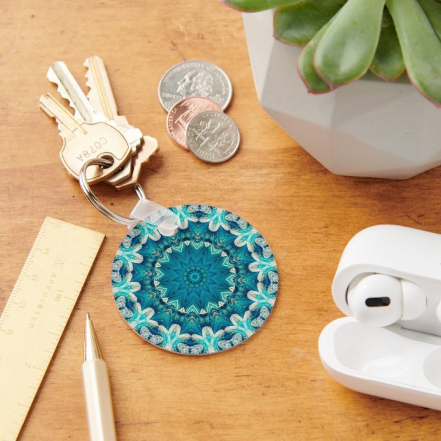 Blue Aqua Mandala Rosette Retro Hippie Key Ring (Desk)