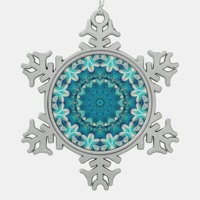 Blue Aqua Mandala Rosette Retro Hippie Snowflake Pewter Christmas Ornament (Front)