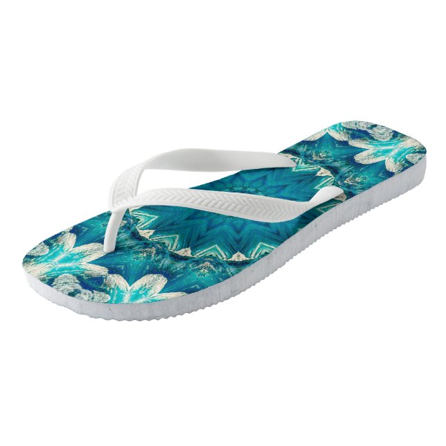 Blue Aqua Mandala Rosette Retro Hippie Thongs (Angled)