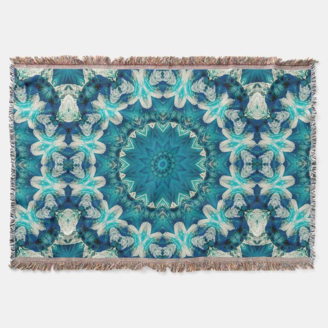 Blue Aqua Mandala Rosette Retro Hippie Throw Blanket (Front)