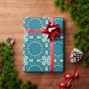 Blue Aqua Mandala Rosette Retro Hippie Wrapping Paper