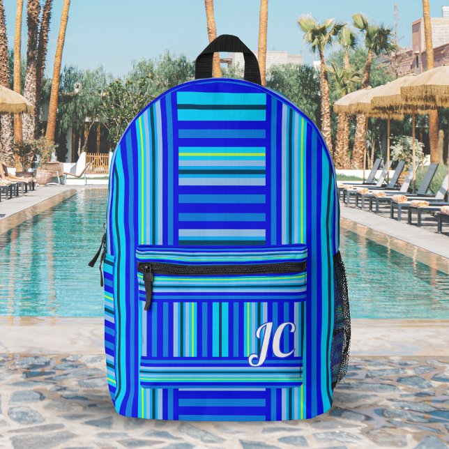 Blue Aqua Marine Stripes Abstract Pattern Monogram Printed Backpack (Creator Uploaded)