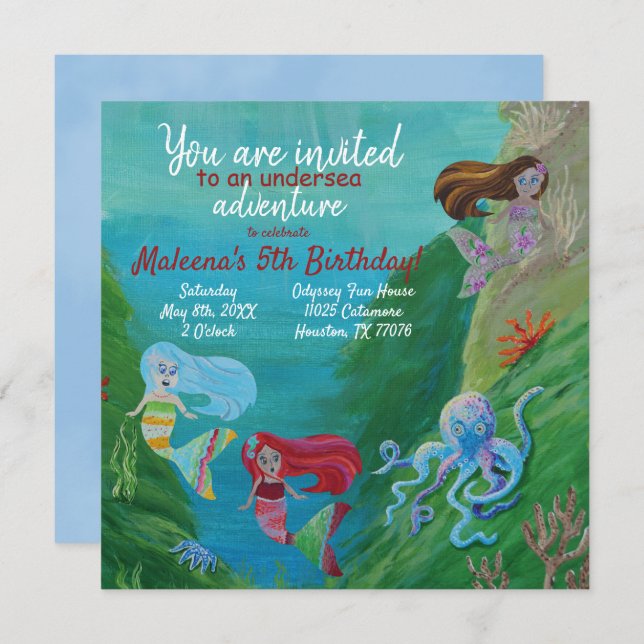 Blue, Aqua Mermaids, Octopus Birthday Invitation (Front/Back)