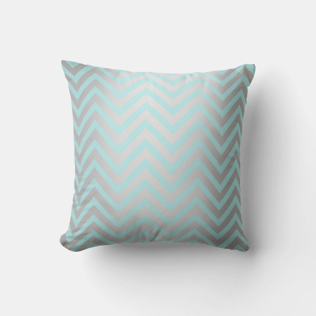 Blue Aqua Mint Ocean Blue Beach Chevron Silver Cushion (Front)