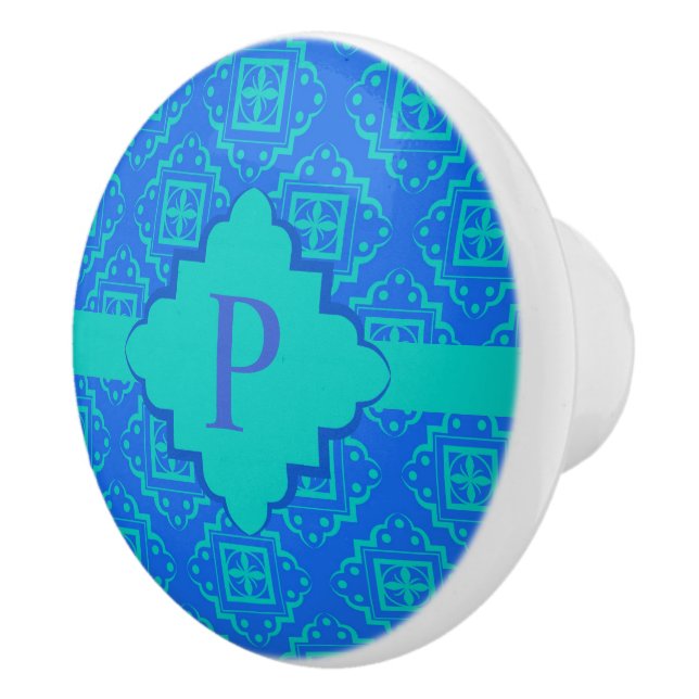 Blue Aqua Monogram Arabesque Moroccan Graphic Ceramic Knob (Right)