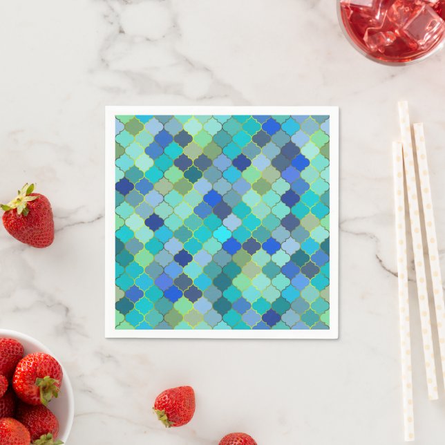 Blue Aqua Moroccan Mosaic Pattern Napkin (Insitu)