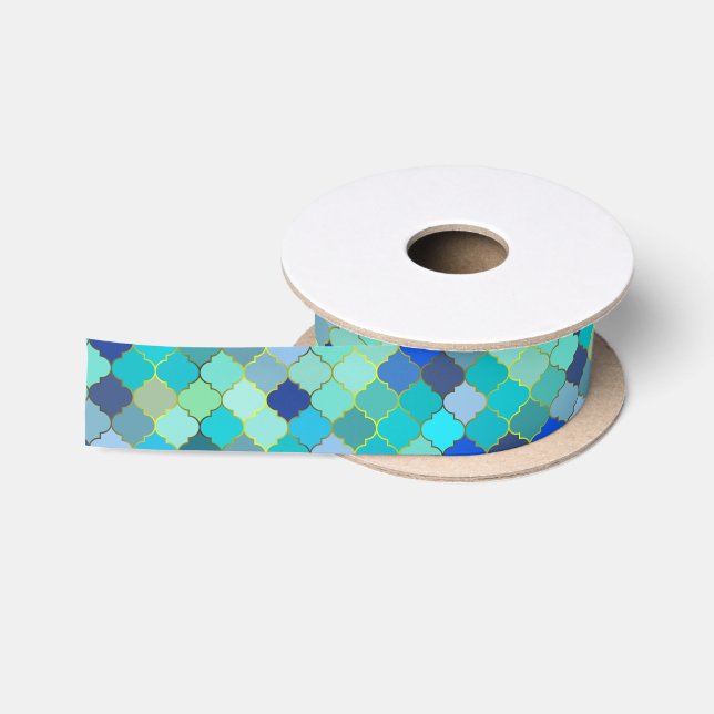 Blue Aqua Moroccan Mosaic Pattern Satin Ribbon (Spool)