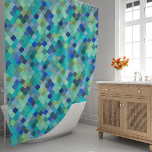 Blue Aqua Moroccan Mosaic Pattern Shower Curtain