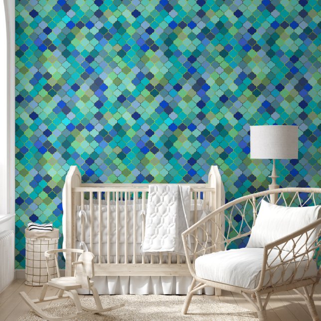 Blue Aqua Moroccan Mosaic Pattern Wallpaper (Kids)